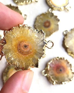 Mystical Yellow Geode Slice Druzy Crystal Gemstone with 24k Electroplated Gold Cap and Bail -- Double Bail Pendant Connector D54S21-11