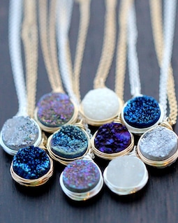 Druzy Necklace Gold Pendant, Sterling Silver, Rose, The Original Bezel Wrapped Pendant, More Colors