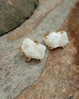 Handmade White Druzy Stud Earrings, Raw Geode Crystal, Gold Plated Stainless Steel