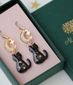 Black Cat Dangle Earrings, Opal Moon Earrings, Little Kitty Hoop Earrings, Gold Animal Earrings, Pet Owner Gift, Celestial Jewelry for Women