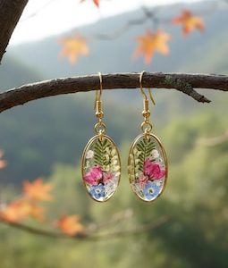 Oval Pressed Flower Earrings Real Pink & Blue Floral Resin Jewelry Original Handmade Botanical Earrings 925 Gold-Plated Hooks | Gift for Her