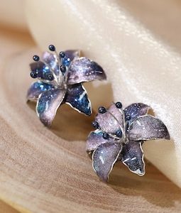 Handmade Celestial Lily Flower Stud Earrings, Witchy Floral Gift, Galaxy Sparkling Resin Enamel Jewelry, Hypoallergenic, Clip-On