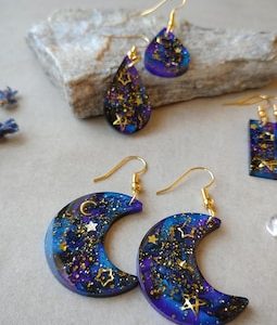 Galaxy Starry Night Earrings - Celestial Moon Teardrop Dangles - Gold Space Bar Jewelry - Cosmic Resin Astronomy Gift