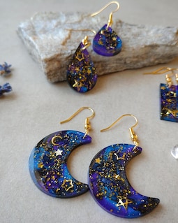 Galaxy Starry Night Earrings - Celestial Moon Teardrop Dangles - Gold Space Bar Jewelry - Cosmic Resin Astronomy Gift