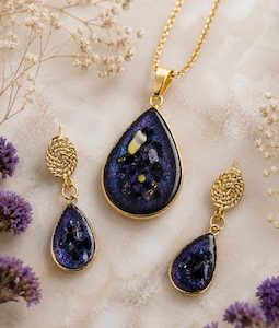 Night Sky Jewelry Set, Blue Resin Necklace and Earrings, Celestial Gift for Her, Handmade Galaxy Jewelry