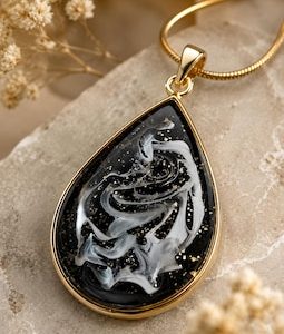 Black Resin Teardrop Necklace, Handmade Gold Pendant, Smoky Swirl Jewelry, Celestial Necklace, Gothic Jewelry, Unique Gift for Her