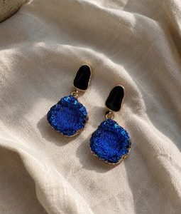 Blue Druzy Drop Earrings, Gold Black Crystal Dangle Statement Jewelry