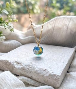 Moon Necklace with Twilight Sky and Clouds | Hand Poured Resin Dome in Gold | Celestial Night Gift