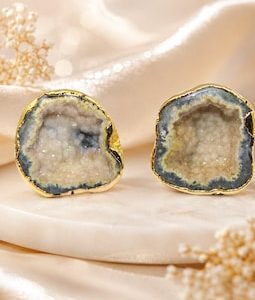 Natural Geode Druzy Stud Earrings, Gold Electroplated Agate Boho Jewelry