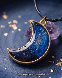 Handcrafted Galaxy Resin Crescent Moon Pendant Necklace, Cosmic Nebula Charm, Astronomy Gift