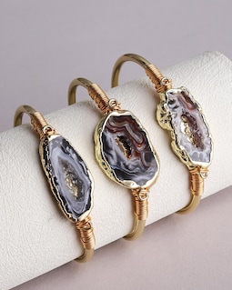 Irregular Agate Geode Cuff Bracelet - Adjustable Wire Wrapped Open Bangle - Boho Healing Statement Jewelry