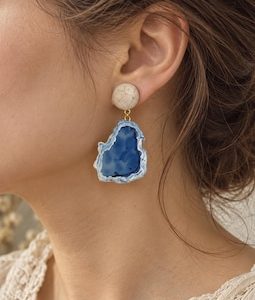 Handmade Blue Geode Dangle Earrings, Cream Studs, Boho Statement Jewelry