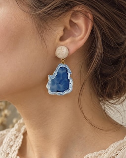 Handmade Blue Geode Dangle Earrings, Cream Studs, Boho Statement Jewelry